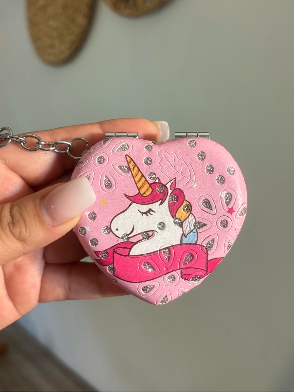 Pink Unicorn Heart Keychain Compact Mirror